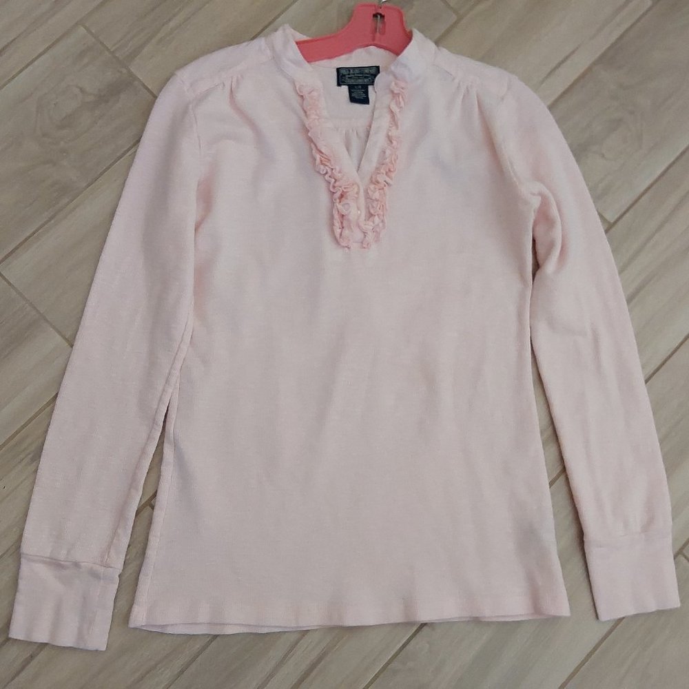 Polo Jeans Co Pink Ruffled Slit V-neck Thermal Knit Top. Size L